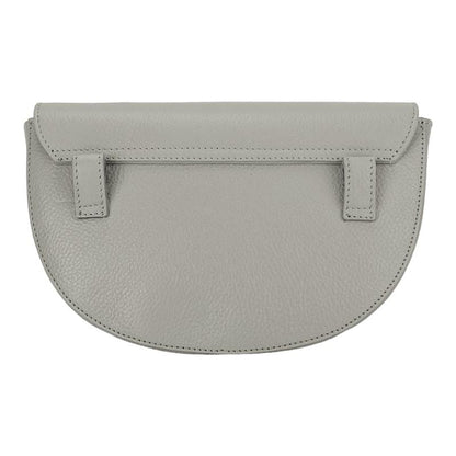  An exquisite grey leather belt bag affixed to a purse, highlighting a harmonious fusion of luxury and practicality.