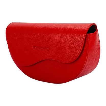 A red leather purse and matching belt featuring a stylish buckle, elegantly displayed on a neutral background.