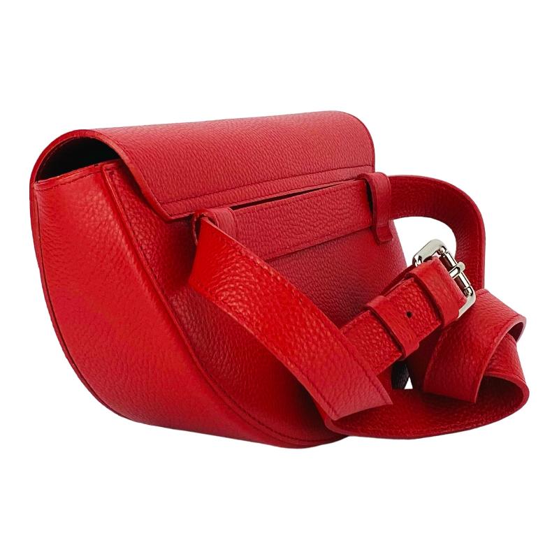 A red leather purse and matching belt featuring a stylish buckle, elegantly displayed on a neutral background.