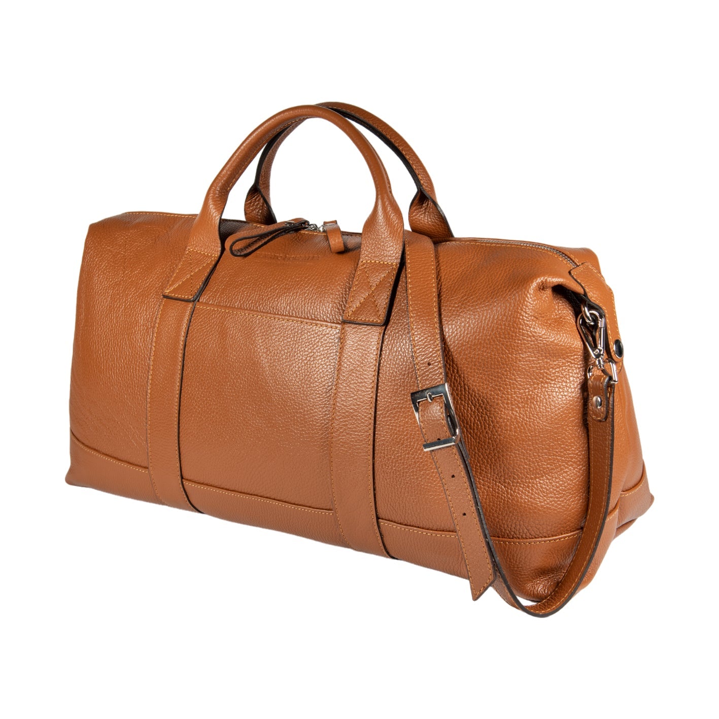 A luxurious tan leather duffel bag elegantly placed on a pristine white bed, exuding sophistication and style.