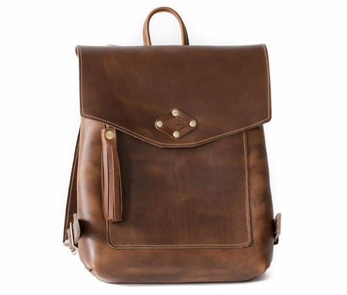 Stylish nature leather backpack featuring decorative tassels and studs, perfect for adding flair to any outfit.