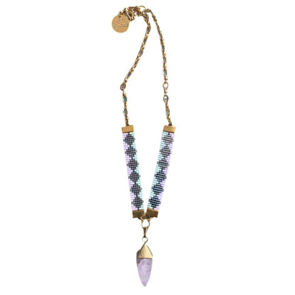 A necklace adorned with purple and gold beads, showcasing a vibrant and elegant design.