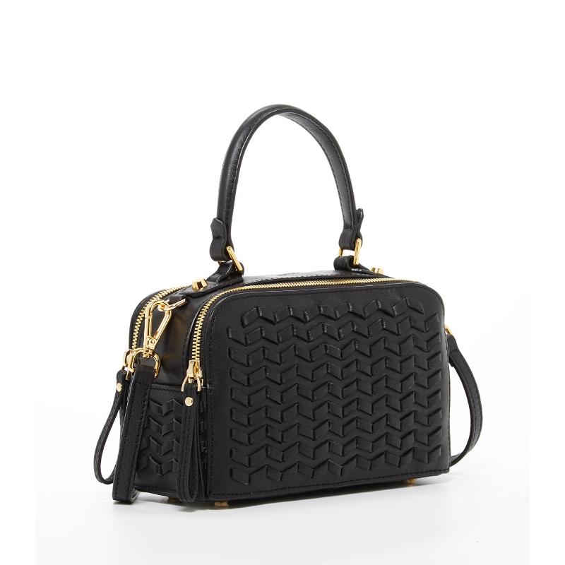 Small black crossbody purse featuring elegant gold hardware, two zipper, perfect for stylish and convenient everyday use.