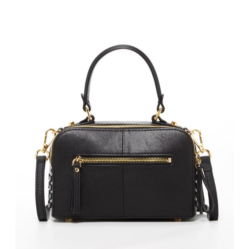 Small black crossbody purse featuring elegant gold hardware, two zipper, perfect for stylish and convenient everyday use.