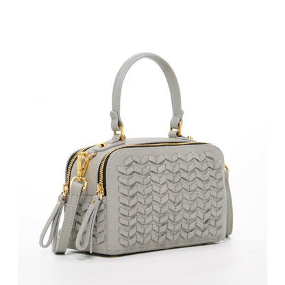 Small grey crossbody purse featuring elegant gold hardware, two zipper, perfect for stylish and convenient everyday use.