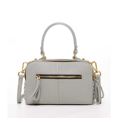 Small grey crossbody purse featuring elegant gold hardware, two zipper, perfect for stylish and convenient everyday use.