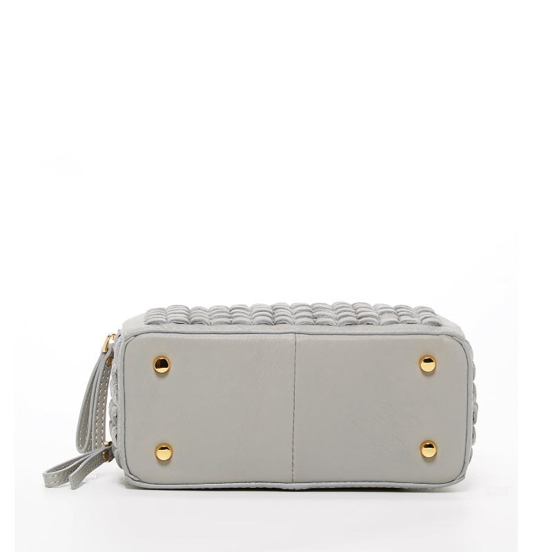 Small grey crossbody purse featuring elegant gold hardware, two zipper, perfect for stylish and convenient everyday use.