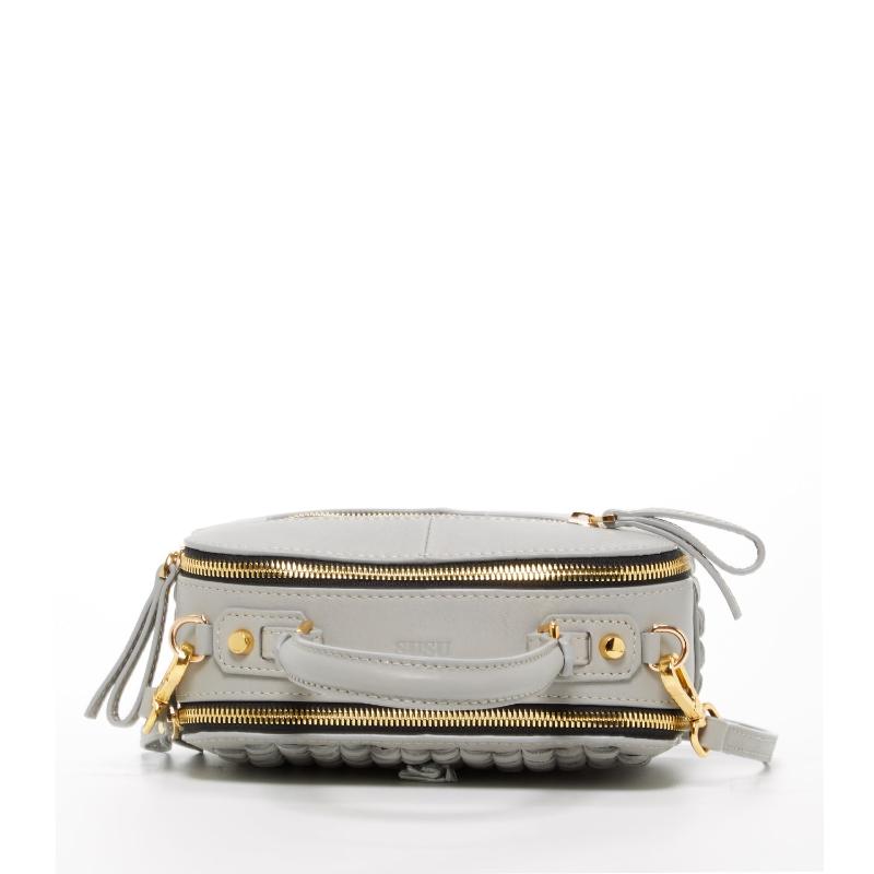 Small grey crossbody purse featuring elegant gold hardware, two zipper, perfect for stylish and convenient everyday use.