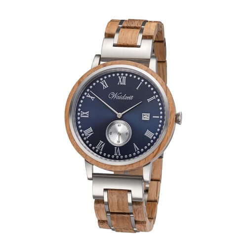 A wooden watch featuring a blue dial and a silver bracelet, showcasing a blend of natural and modern design elements.