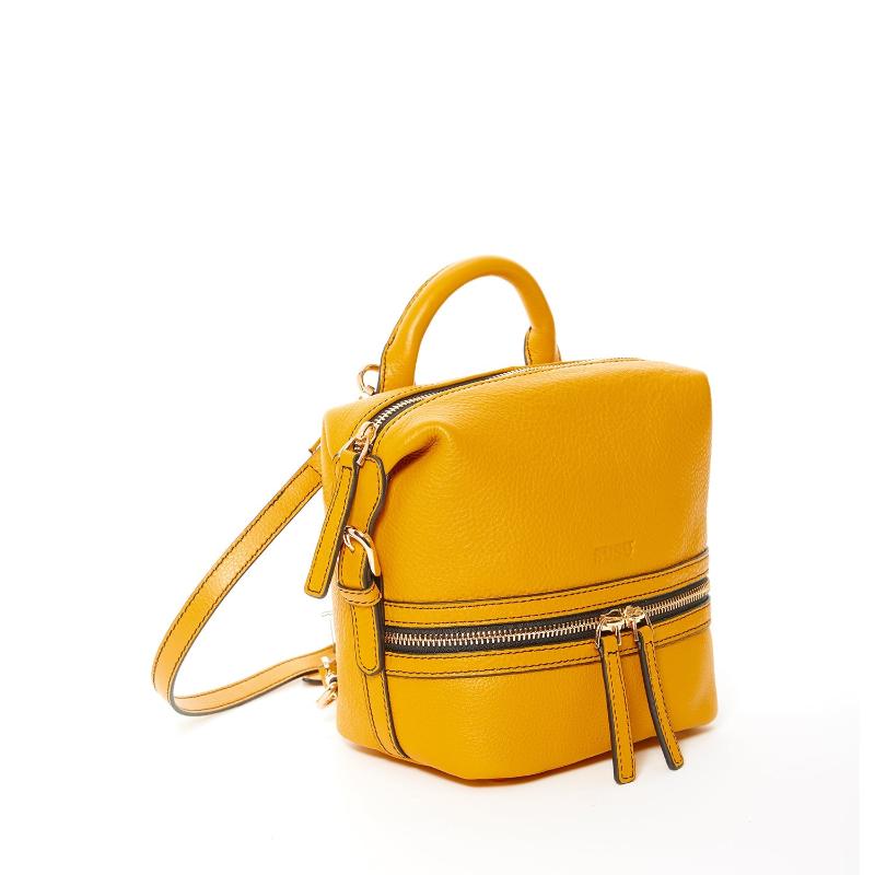 A small leather backpack featuring two zippers, showcasing a sleek and stylish design suitable for everyday use.
