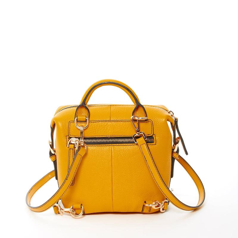 A small leather backpack featuring two zippers, showcasing a sleek and stylish design suitable for everyday use.
