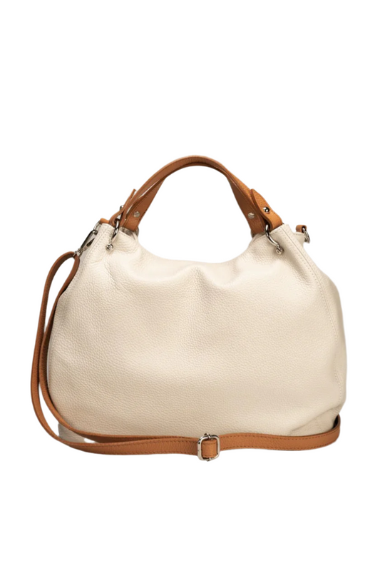 A sophisticated beige genuine leather bag featuring elegant tan handles, perfect for a touch of luxury in any ensemble.