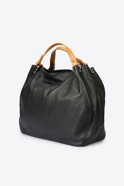 A sophisticated black leather bag featuring elegant tan handles, perfect for a touch of luxury in any ensemble.