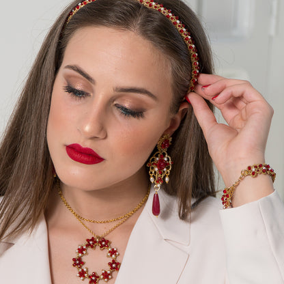 A pair of elegant red and gold earrings, showcasing a striking design and vibrant colors.