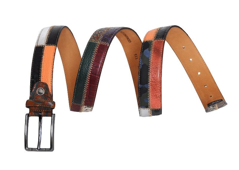 A belt featuring a stylish design with black, white, and orange stripes.