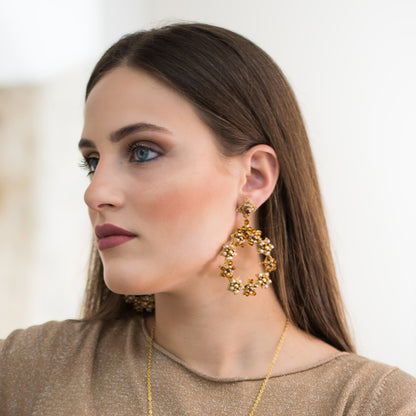 A woman adorned with elegant gold earrings and a matching gold necklace, showcasing her refined style.