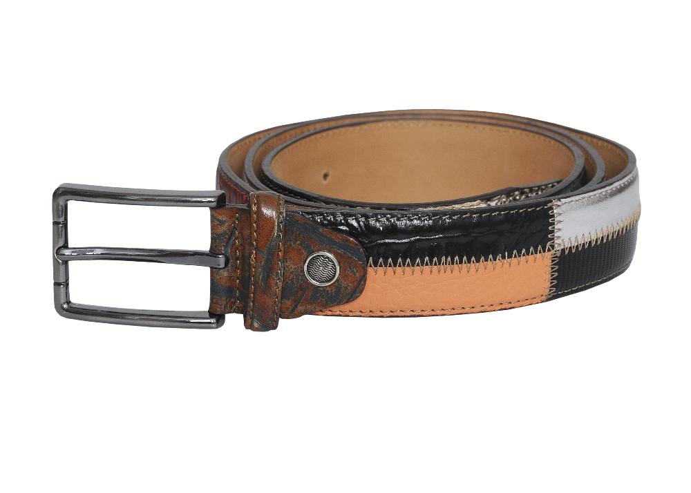 A belt featuring a stylish design with black, white, and orange stripes.