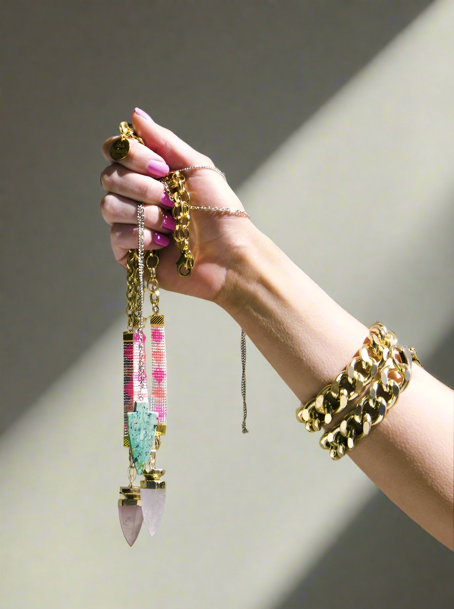 A necklace adorned with purple and gold beads, showcasing a vibrant and elegant design.