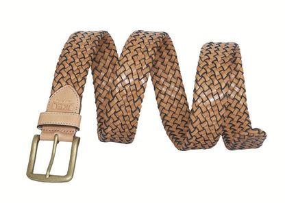 A stylish belt featuring a woven pattern and a shiny gold buckle, perfect for adding flair to any outfit.