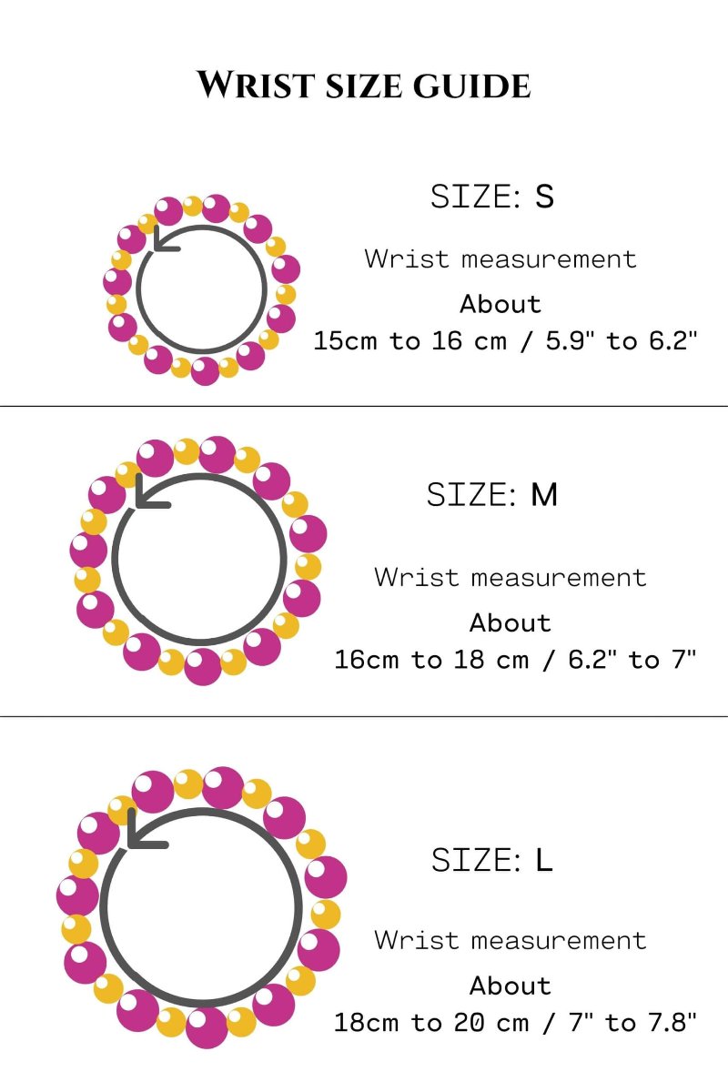 Bracelet size guide, S, M and L.