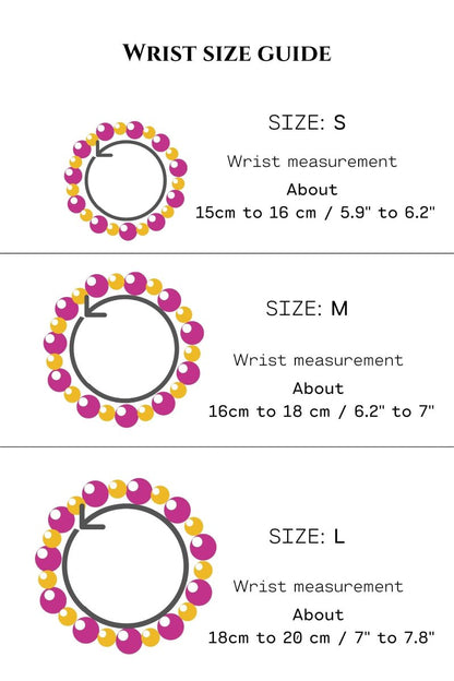 Bracelet size guide, S, M and L.