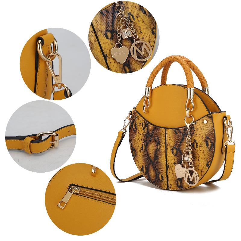 A yellow purse featuring a chain and a heart-shaped design, showcasing a stylish and playful accessory.


