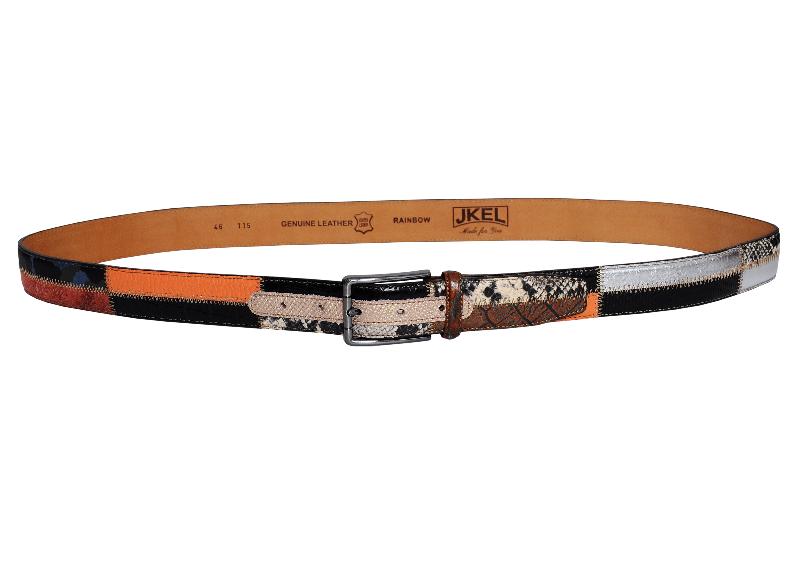 A belt featuring a stylish design with black, white, and orange stripes.