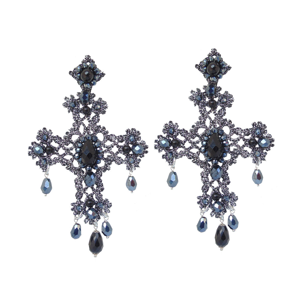 Cross earrings featuring striking black and blue crystals, adding a bold touch to any outfit.