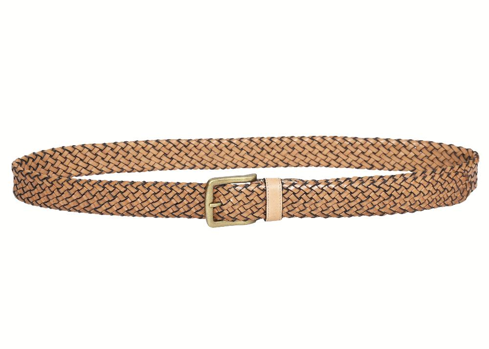 A stylish belt featuring a woven pattern and a shiny gold buckle, perfect for adding flair to any outfit.