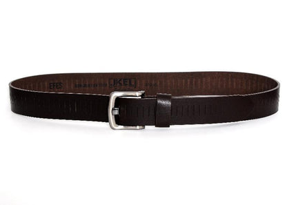 A brown leather belt featuring a polished silver buckle, showcasing a classic and elegant design.