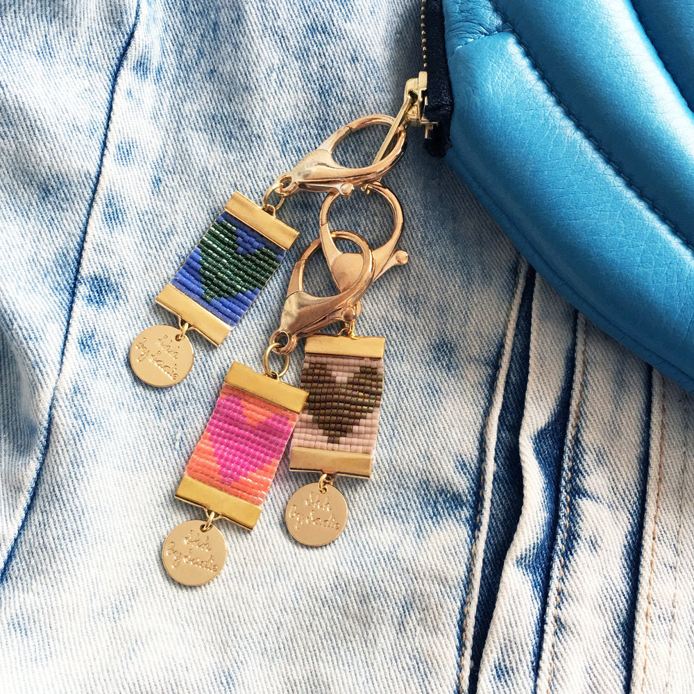 A blue denim jacket paired with a blue purse, featuring a prominent gold key chain for added flair.