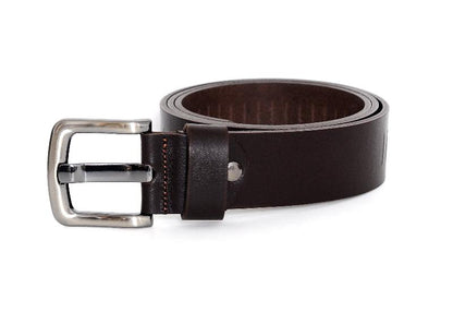 A brown leather belt featuring a polished silver buckle, showcasing a classic and elegant design.