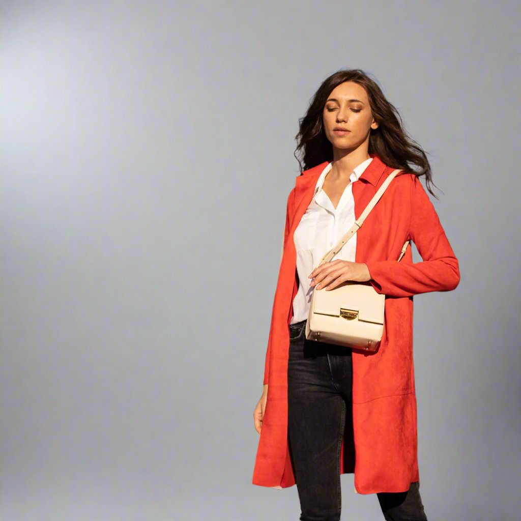  A woman dressed in a red coat and white shirt, accessorized with a small vanilla bag, radiating elegance and charm.

