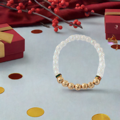 Elegant gold and white bracelet adorned with luminous white opal beads, exuding timeless luxury and sophistication.