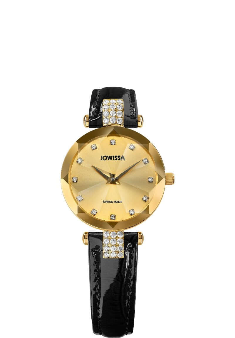 A luxurious gold and black watch adorned with sparkling diamonds on the face, exuding elegance and sophistication.