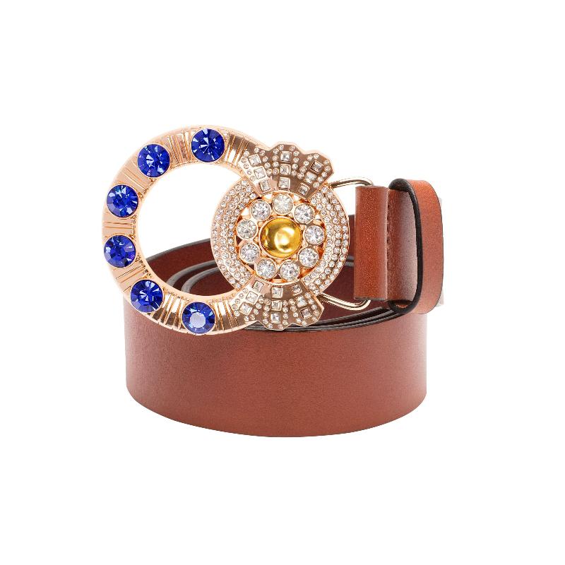 A stylish belt featuring a blue and gold buckle, showcasing a blend of elegance and sophistication.